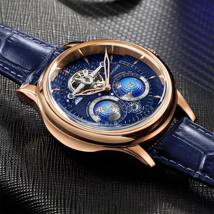  SEAKOSS 47mm hommes montres mécaniques automatiques Double terre heure mondiale verre saphir rotation 3D