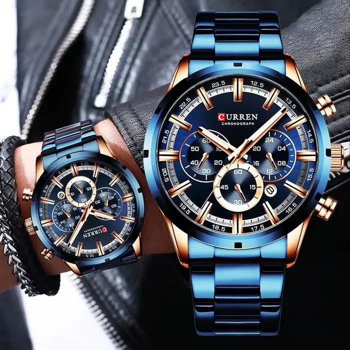 Curren montre pour hommes cadran bleu bracelet en acier inoxydable Date