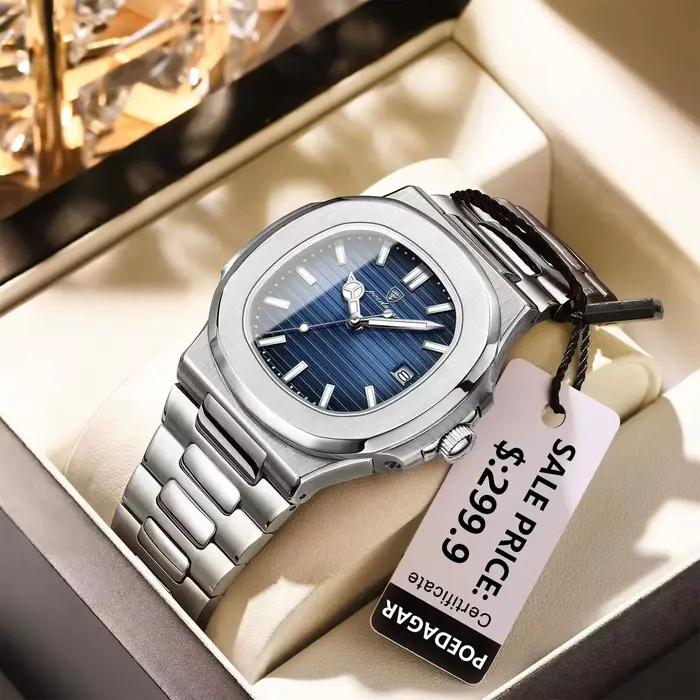 POEDAGAR carré luxe hommes montre-bracelet étanche lumineux Date en acier inoxydable mâle horloge affaires sport