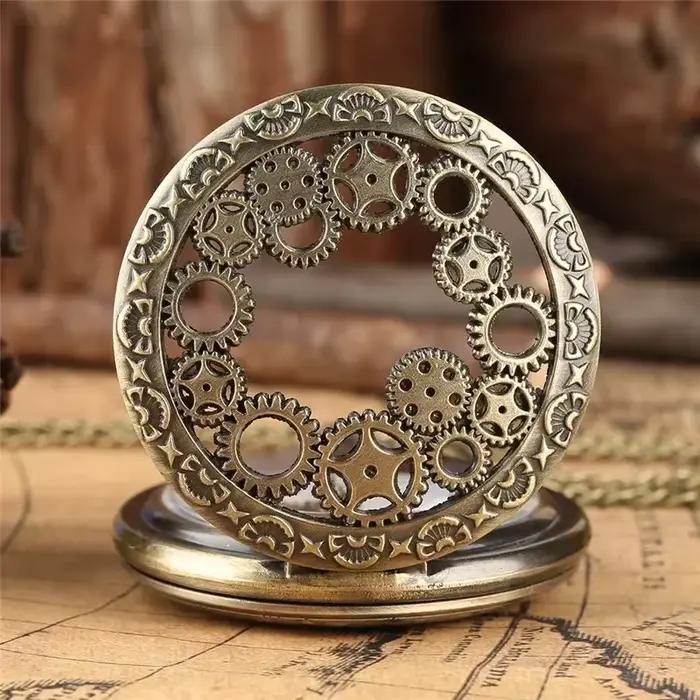 Montre de poche antique avec couvercle ajouré en forme de roue dentée, montre analogique à quartz pour hommes et femmes avec chaîne de collier, montre de collection