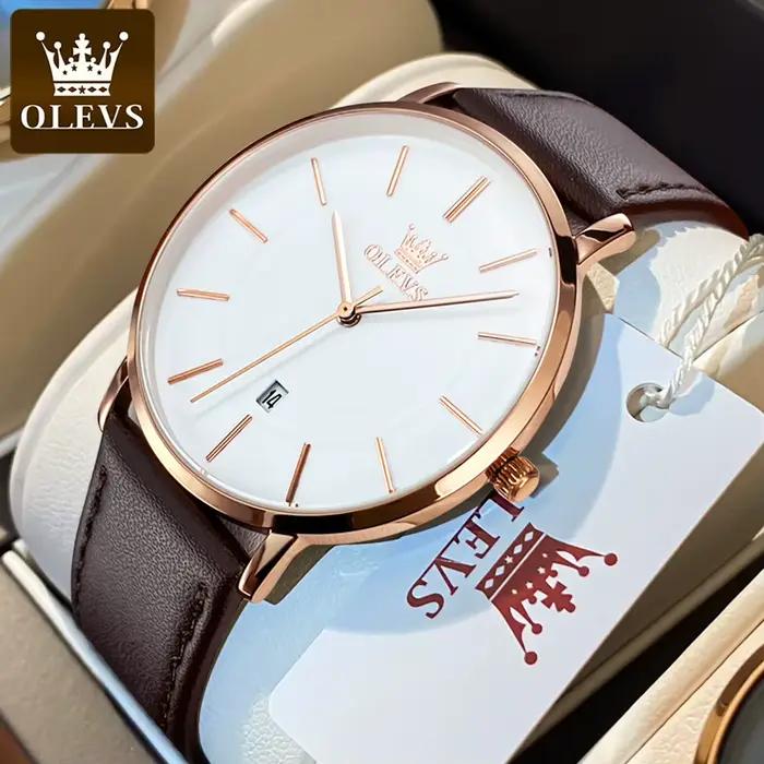 Montre homme OLEVS ultra-mince quartz avec bracelet en cuir pour occasions spéciales et tous les jours