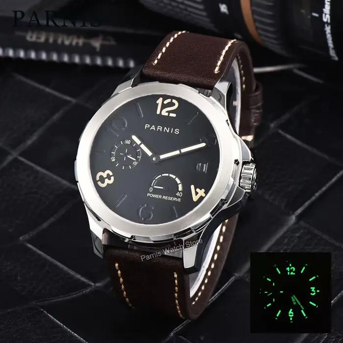 Parnis 44mm boîtier en argent automatique mécanique hommes montre indicateur de réserve de marche marqueur lumineux