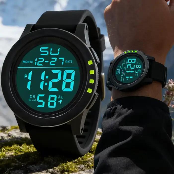 Montre numérique LED noire avec cadran grand et bracelet en caoutchouc pour hommes et femmes occasions spéciales