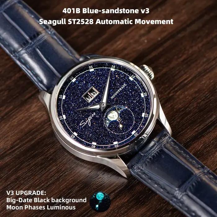 Sugess Moonphase montre pour hommes 40mm montres mécaniques automatiques origine ST2528 mouvement acier inoxydable cadrans en grès bleu