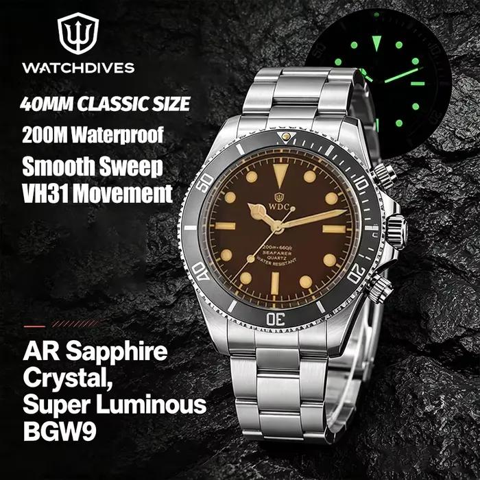Watchdives WD5513Q Montres de plongée pour hommes VH31 Montres-bracelets à quartz AR Sapphire 20Bar Montre vintage étanche en acier inoxydable