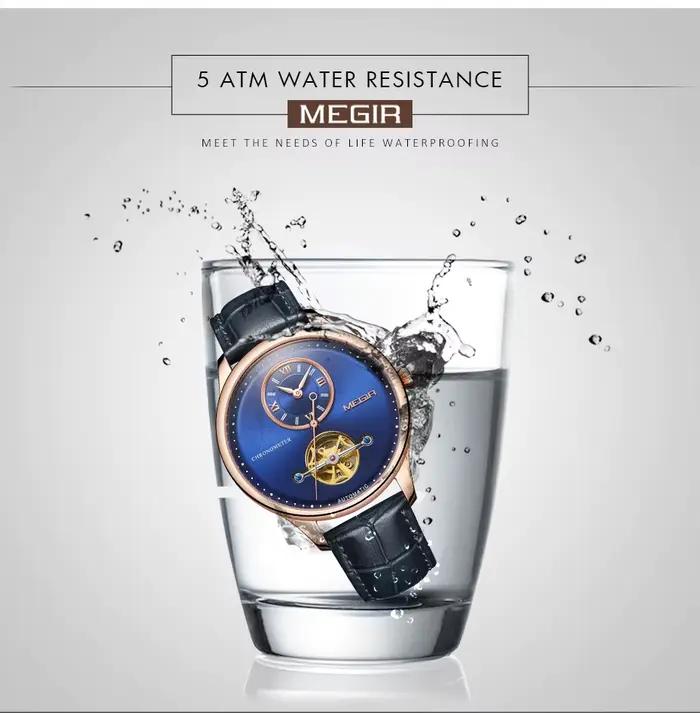 Montres mécaniques horloge multifonction Montre Homme cuir mouvement automatique 5 ATM étanche montre-bracelet creuse Megir 62070