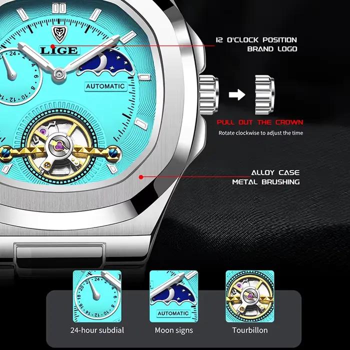 LIGE 2024 montre automatique pour hommes mode en acier inoxydable montres de luxe