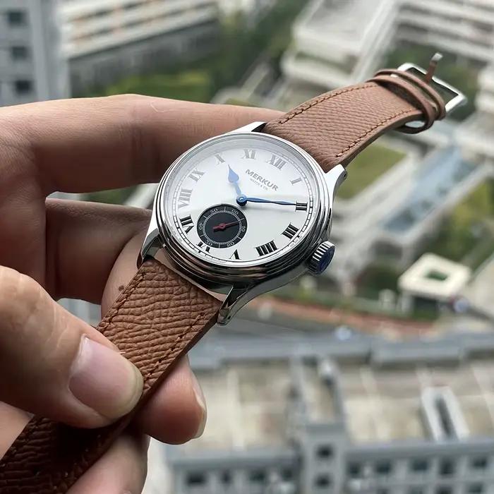 Montre Merkur Intaglio en acier inoxydable avec bracelet en cuir résistant à l'eau pour hommes occasions spéciales vintage style robuste