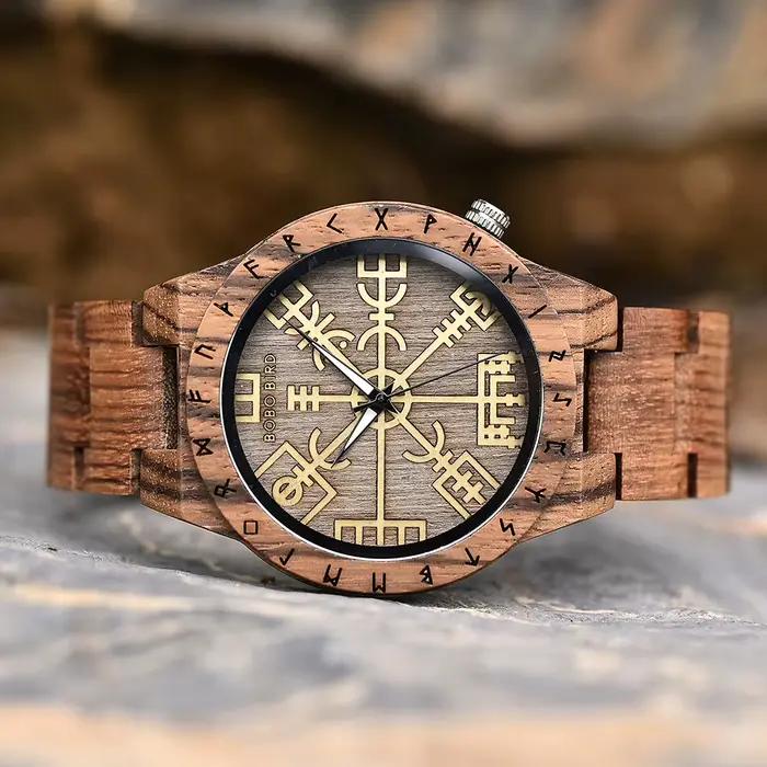 Montre BOBO BIRD Vegvisir en bois pour homme édition limitée design viking symbole occasions spéciales