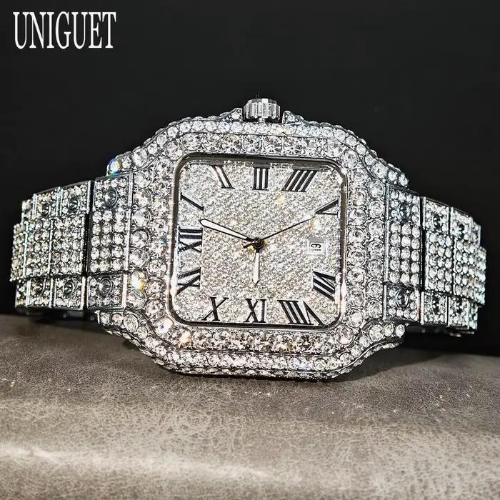 Montre de luxe carrée en acier inoxydable avec affichage lumineux et date automatique pour hommes mode Hip Hop occassions spéciales