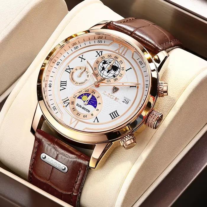 Nouvelles Montres Hommes 2026 LIGE Marque Haut de Gamme Cuir Chronographe Étanche Sport Automatique Date Quartz