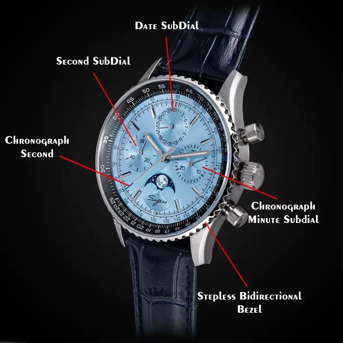 Sugess chronographe montre d'homme ST1908 mouvement à col de cygne mécanique phase de lune montres étanche calendrier Vintage nouveau S468
