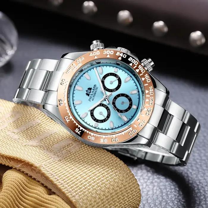 Montres automatiques pour hommes mécanique auto-brûlure or acier inoxydable Glacier glace bleu châtain marron lunette Reloj Hombre Baratos