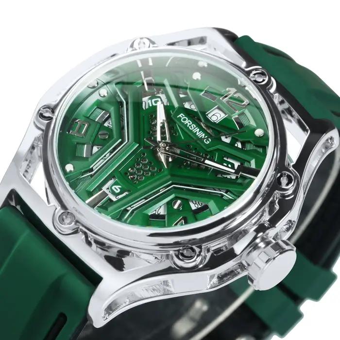 Montre Squelette Forsining pour Homme Bracelet en Caoutchouc Vert Montre Mécanique Automatique Style Professionnel Lumineuses Calendrier Occasions Spéciales Aventures Journées Relaxantes