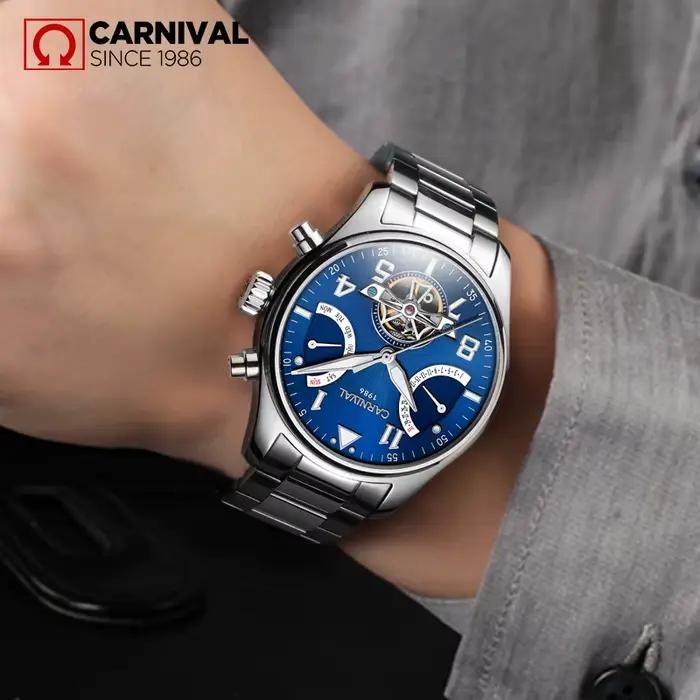 Montre mécanique Carnaval Tourbillon automatique saphir lumineuse avec calendrier complet et affichage de la semaine pour hommes occassions spéciales