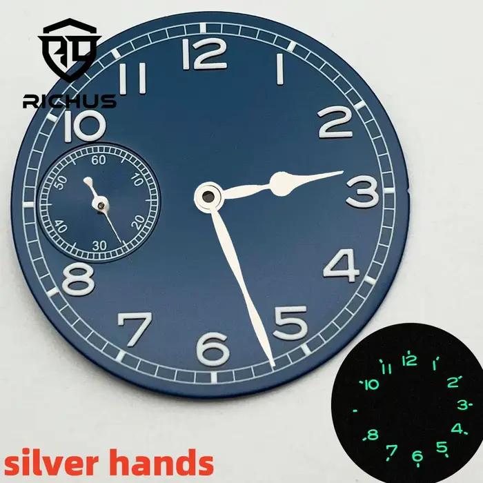 RICHUS 37mm stérile noir bleu blanc cadran de montre avec aiguilles vert lumineux ajustement ETA6497 ST3600 mouvement