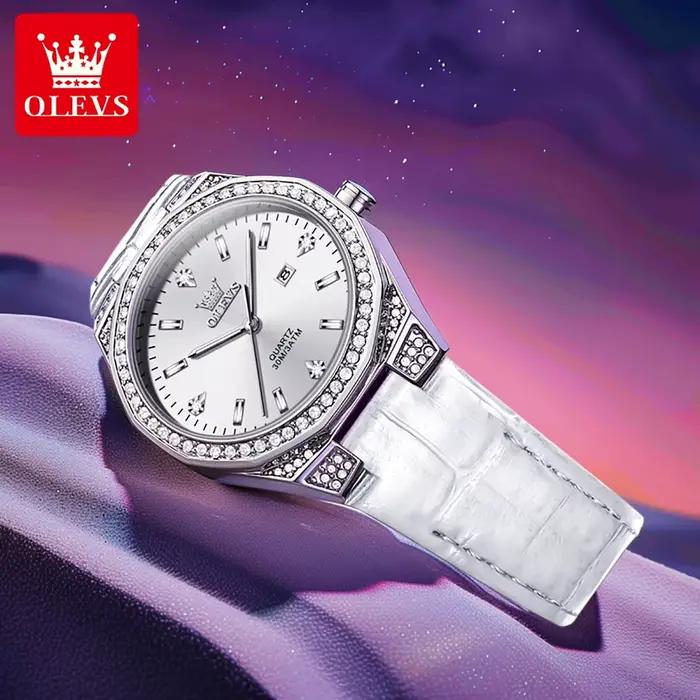 OLEVS 5606 montre pour femme lumière originale mode Quartz montre-bracelet bracelet en cuir diamant lunette étanche