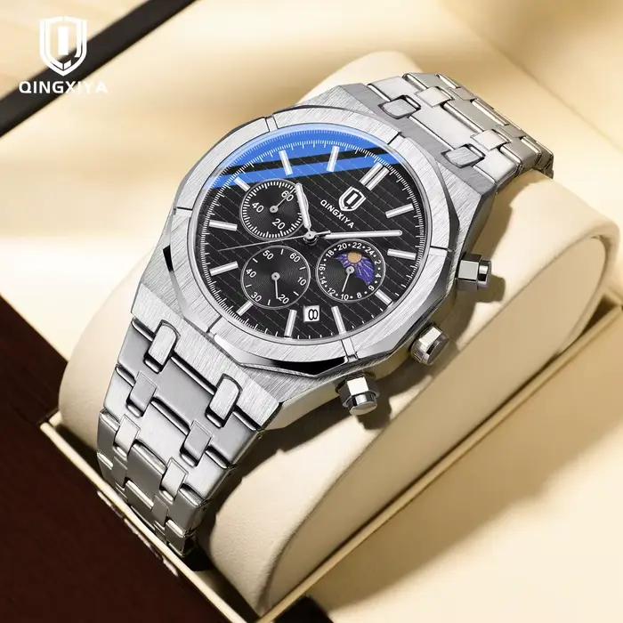 Montre chronographe phase de lune acier inoxydable résistante à l'eau pour hommes avec date mouvement quartz occasions spéciales