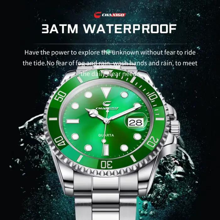 CHAXIGO Montre pour homme en acier inoxydable de style fantôme vert classique avec finition lumineuse et résistance à l'eau