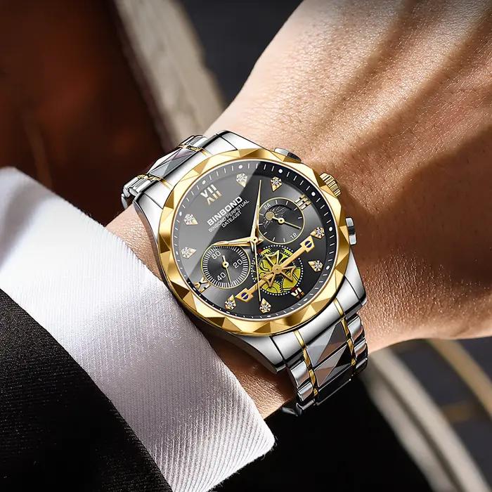 Montre chronographe robuste BINBOND pour homme à quartz avec couronne à vis, résistante à l'eau, pour affaires et occasions décontractées