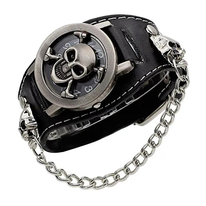 Montre à quartz tête de mort en cuir noir pour homme