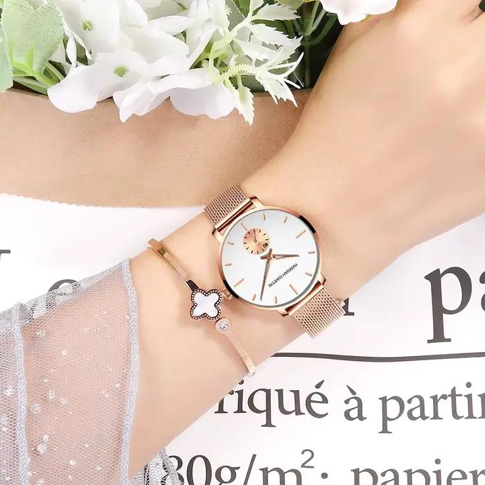 HANNAH MARTIN Top marque femmes montre 1335 synchronisation sous-cadran en acier inoxydable maille mouvement à Quartz