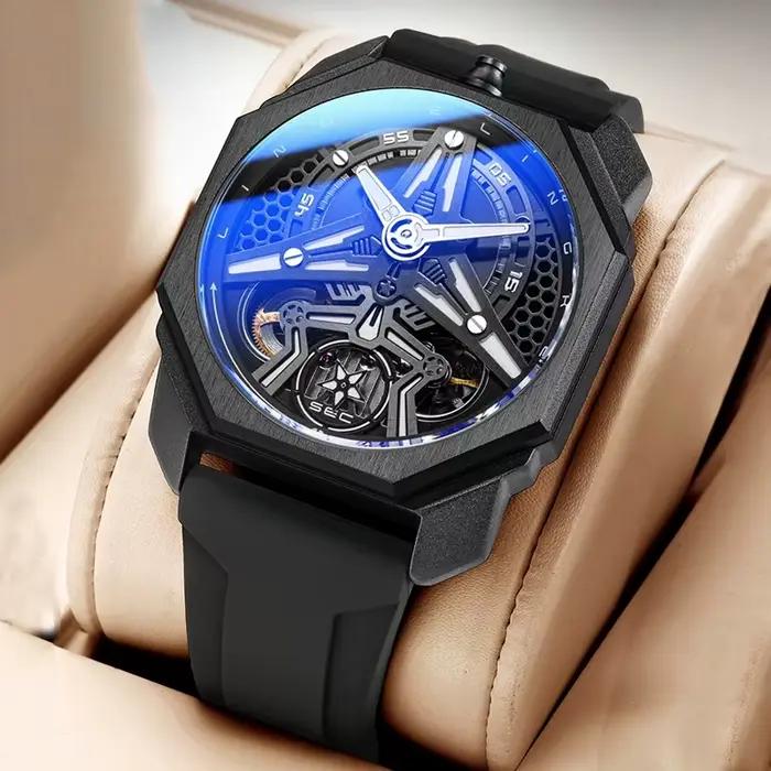 Montre automatique de chasse avec pentagramme rotatif et aiguilles lumineuses pour homme élégant et robuste occasions spéciales et quotidiennes