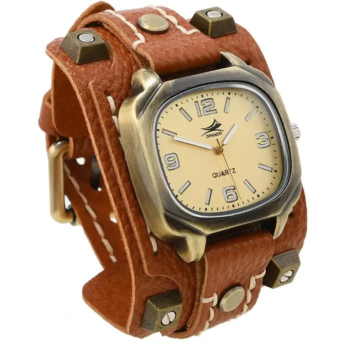 Montre à quartz vintage hip hop punk pour hommes - Rivet fait à la main avec bracelet en cuir véritable