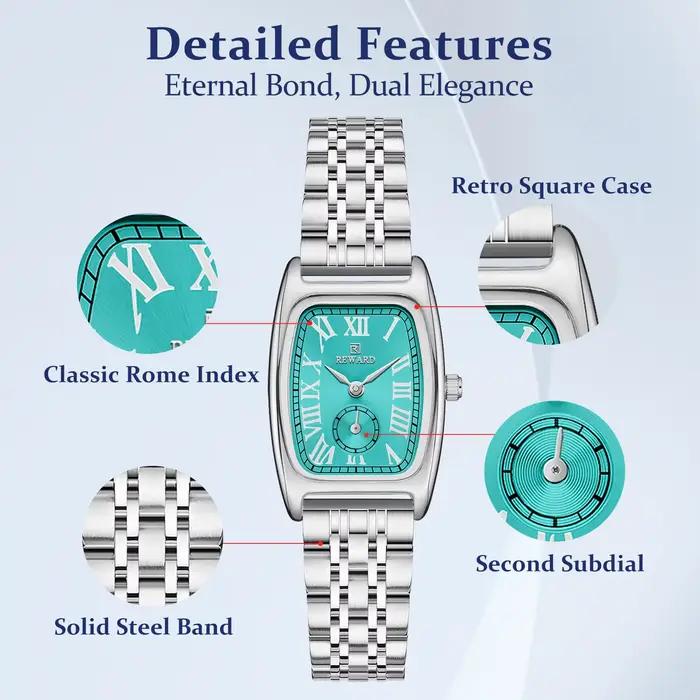Montre REWARD en acier inoxydable pour femme avec mouvement quartz rectangle élégante résistante à l'eau et lumineuse pour occasions spéciales