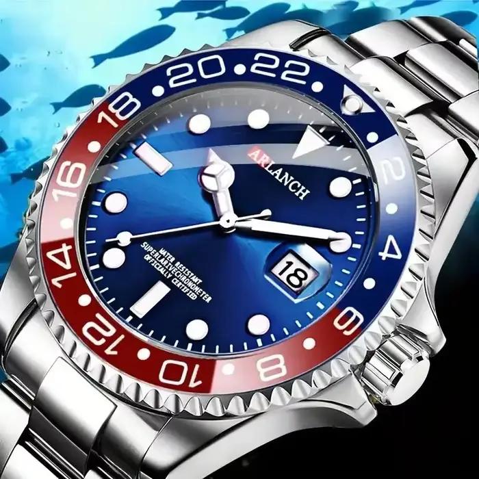Montre d'affaires en acier inoxydable 40mm classique rouge bleu cercle série de plongée loupe calendrier montres à