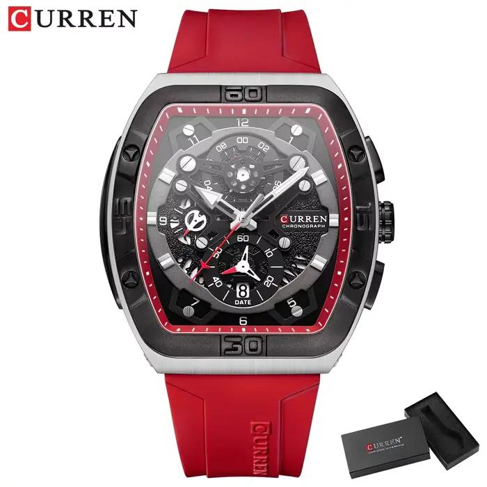 Montre chronographe Curren design de boîtier tonneau avec bracelet en silicone sport quartz rouge et noir pour homme occasions spéciales