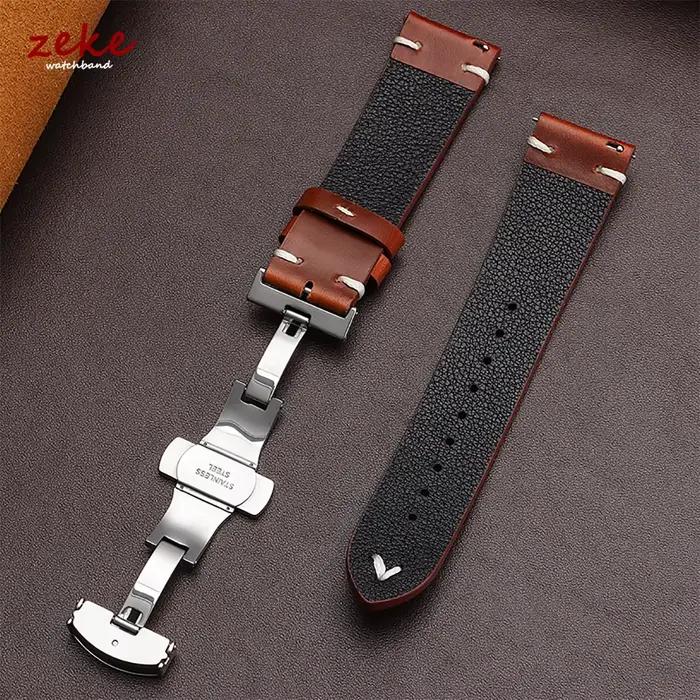 Bracelet de montre en cuir huilé vintage 18mm20mm 22mm pour Seiko Boucle papillon Couture