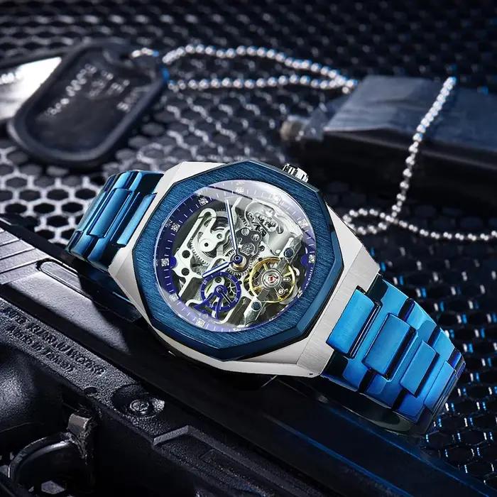 Forsining Tourbillon squelette montre mécanique pour hommes aiguilles lumineuses bracelet en acier inoxydable mode affaires montres automatiques