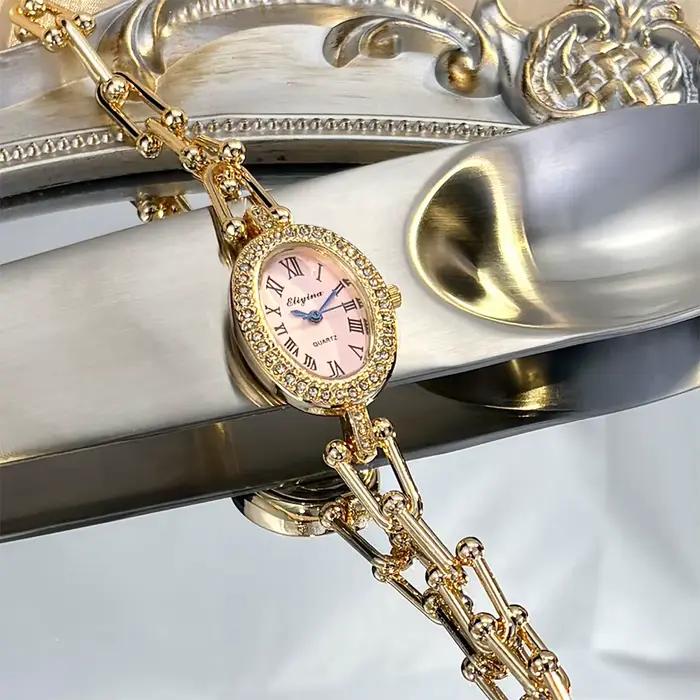 Montre pour femme Vintage Diamond - Boîtier ovale serti de diamants - Chaîne à maillons U