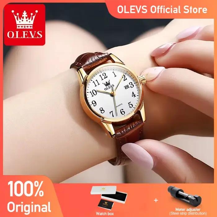 Montre OLEVS Quartz Sport Résistante à L'eau Bracelet Cuir Pour Hommes Femmes Occasions Spéciales