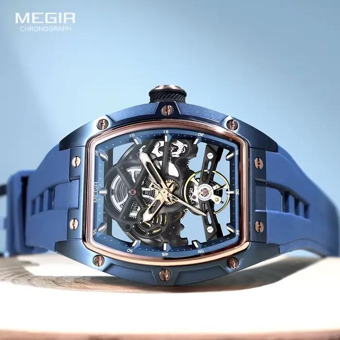 MEGIR 2242 montre automatique bleue pour hommes Sport montre-bracelet mécanique étanche en acier inoxydable avec bracelet en Silicone cadran squelette