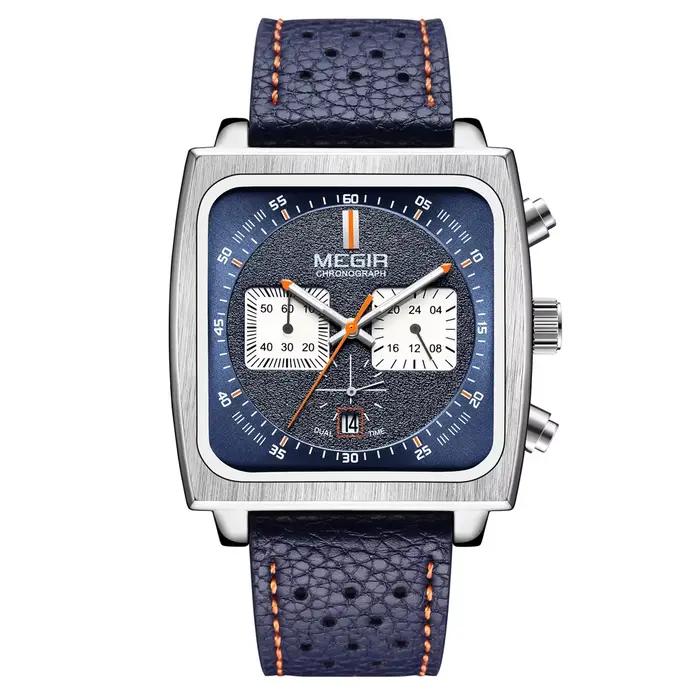 MEGIR cadran carré chronographe montres à Quartz pour hommes mode bracelet en cuir bleu montre-bracelet de Sport décontractée avec Date 24 heures 2182