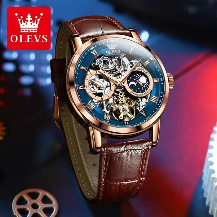 Montre homme OLEVS Squelette Tourbillon automatique avec phase de lune et bracelet en cuir pour occasions spéciales