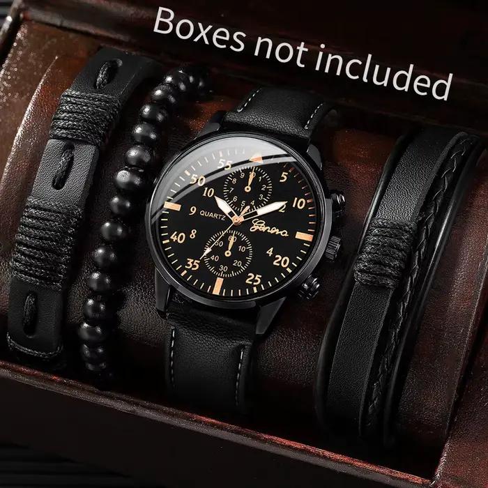 Montre à quartz analogique avec bracelet en cuir tissé pour homme