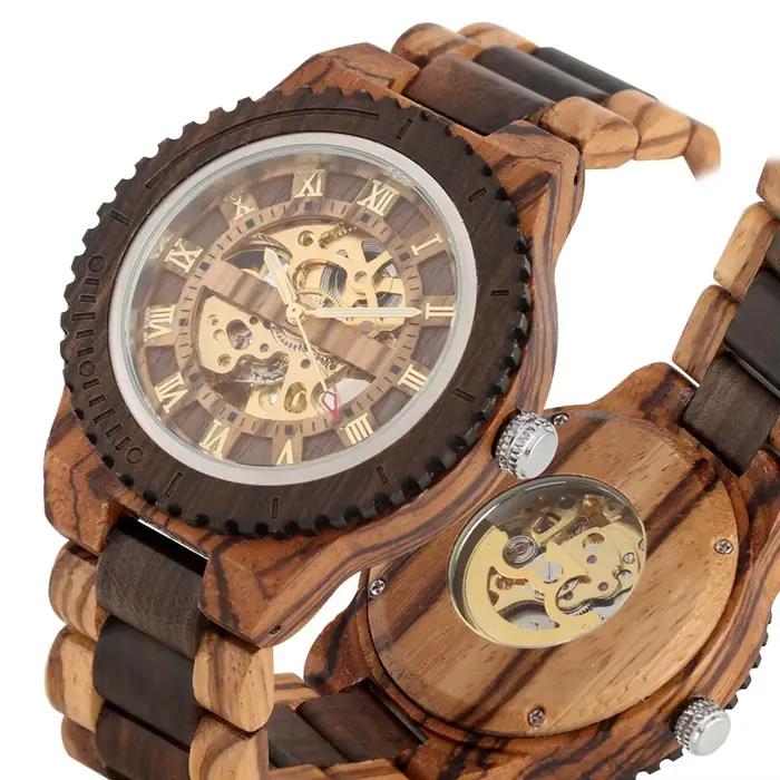 Montre ronde automatique en bois avec bracelet réglable pour homme occasions spéciales élégante à offrir