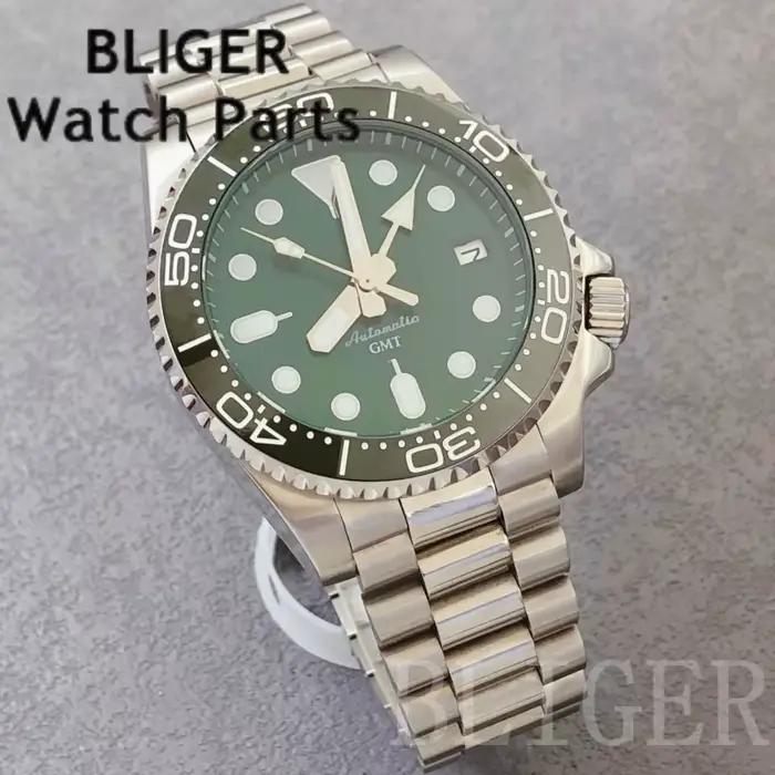 BLIGER 40mm GMT montre pour hommes NH34 mouvement automatique 3.8 couronne cadran vert insérer 10Bar étanche nouveau