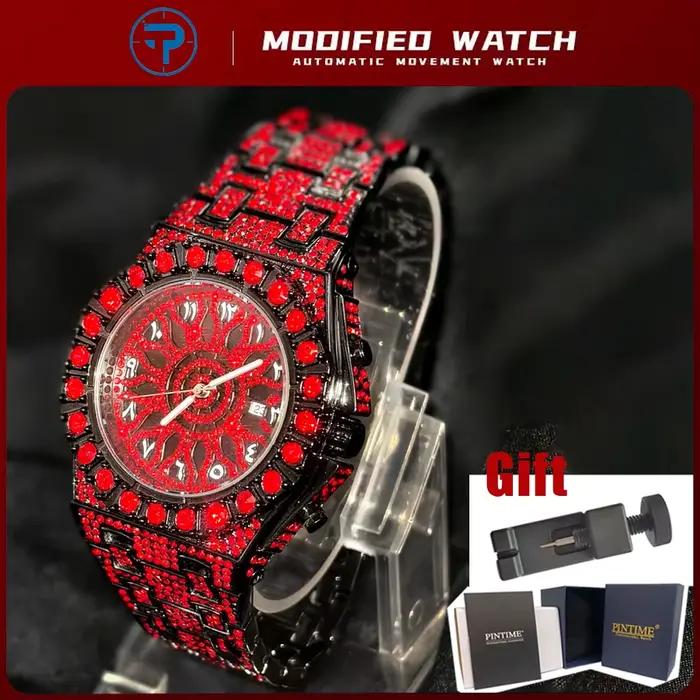 Montre homme diamant rouge PINTIME luxe quartz avec fermoir caché à bouton-poussoir pour homme occasions spéciales