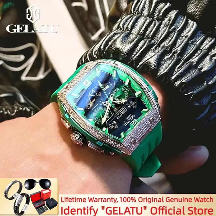 GELATU 6016 montre mécanique automatique haut de gamme plein diamant pour hommes multifonction bracelet en Silicone
