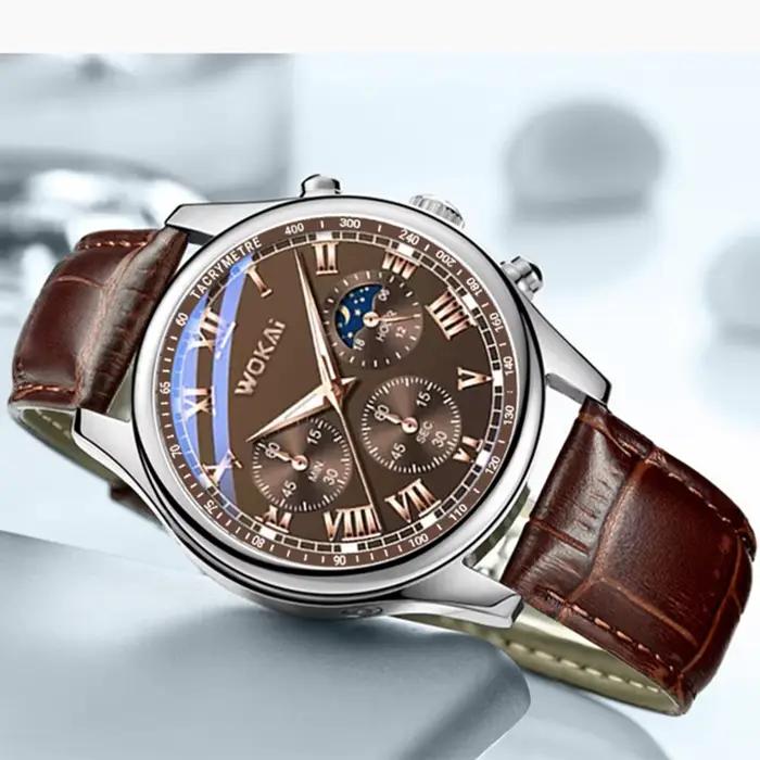 Montre homme en acier inoxydable avec bracelet en cuir marron pour hommes élégants et décontractés toutes occasions