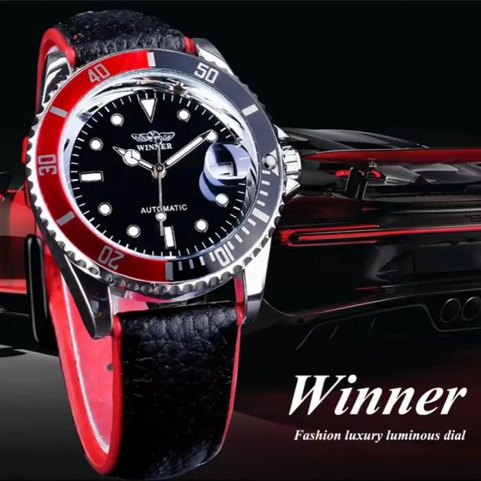 WINNER 002 montre-bracelet mécanique automatique pour hommes aiguilles lumineuses Date mode acier inoxydable et bracelet en cuir horloge cadeaux