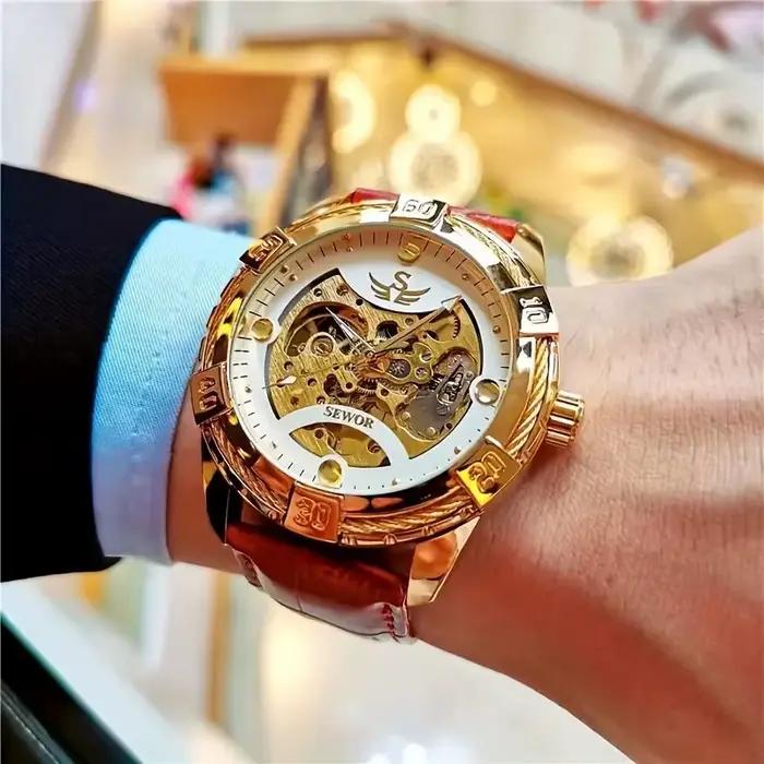 Montre mécanique AOKULASIC automatique pour homme élégante avec bracelet en cuir ajouré résistante à l'eau et boîtier en alliage tendance pour toutes les occasions