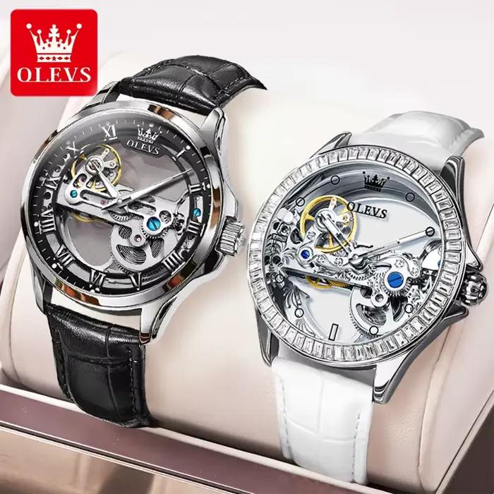 OLEVS Couple montres Original entièrement Transparent squelette automatique