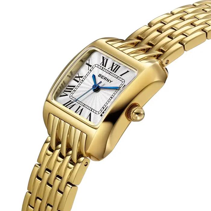 Montre carrée en or BERNY pour femmes, résistante à l'eau, quartz, design mode et décontracté, idéale pour les occasions professionnelles, décontractées et formelles