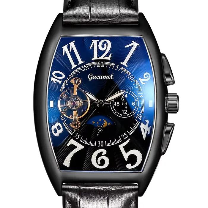 Montre mécanique automatique creuse de luxe hommes Tourbillon horloge mode bracelet en cuir souple montres d'affaires mâle Relogio Masculino