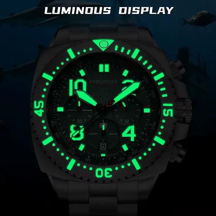 Montre de plongée chronographe à cadran vert de la marque haut de gamme FEELNEVER pour hommes